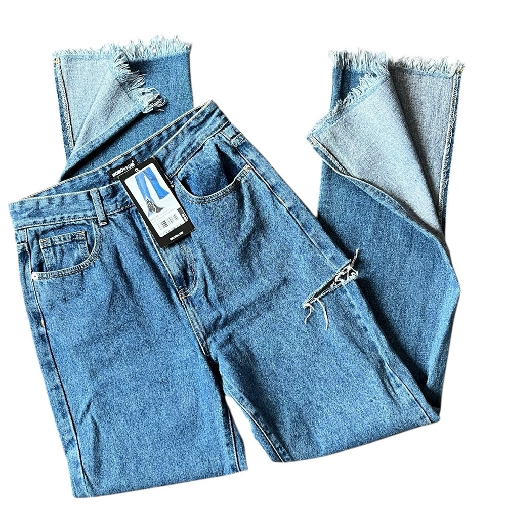 Dolls Kill Momokrom MID blue Wide Leg Split Hem Jeans